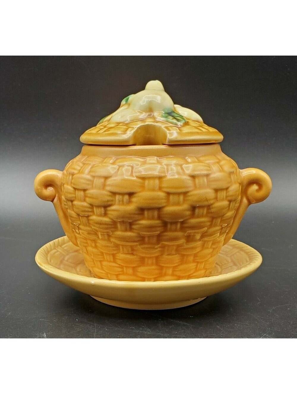 Vintage RIES Ceramic Basket Weave Jam Jar Pears Attached Liner Japan Honeypot